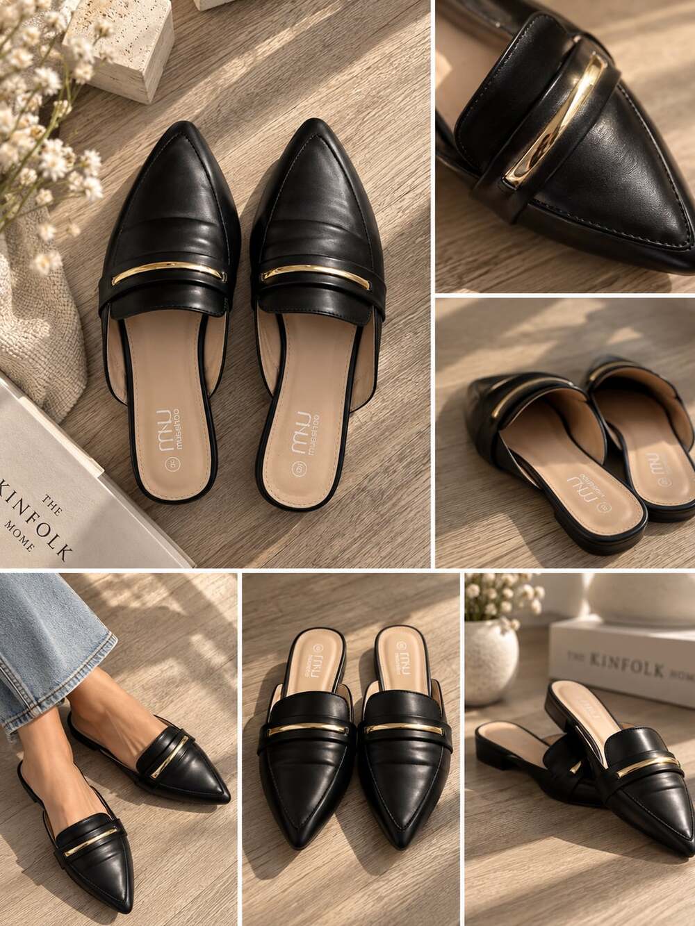 Musshoe Black Pointed Toe Mules with Gold Buckle